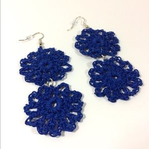 Double Floral Crochet Earrings Blue Handmade Women